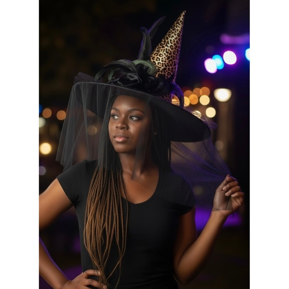 Witch Hat Women Glam Leopard Black Feathers Veil Halloween Spooky Whimsygoth